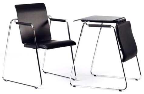 innovatív, multifukcionális bútor: egy mozdulattal székből asztallá asztalból székké alakítható krómozott acélváz műanyag háttámla és