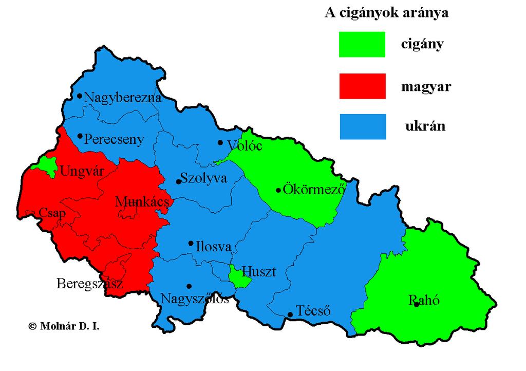 A roma lakosság többségének az anyanyelve Kárpátalja közigazgatási egységeiben a 2001-es