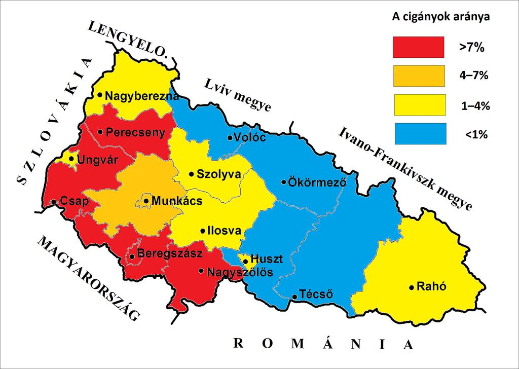 A cigány népesség aránya Kárpátalja közigazgatási