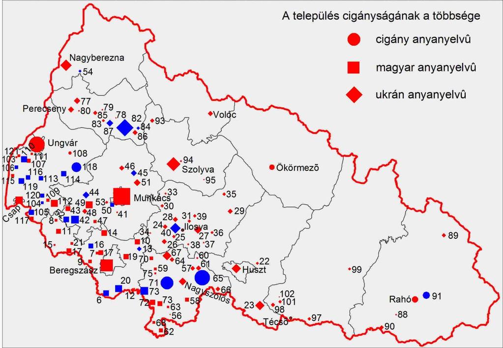 Kárpátalja cigányok által lakott 122 települése.