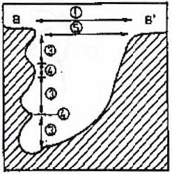 szoknyája, a 3 hordozó vályú pereme), keresztmetszet; I I. típusú vályú 1. homorú vályúperem aláhajló fala, 2. színlő homorú vályúoldalon, 3. szoknya, 4. szoknya maradvány felső, 5.