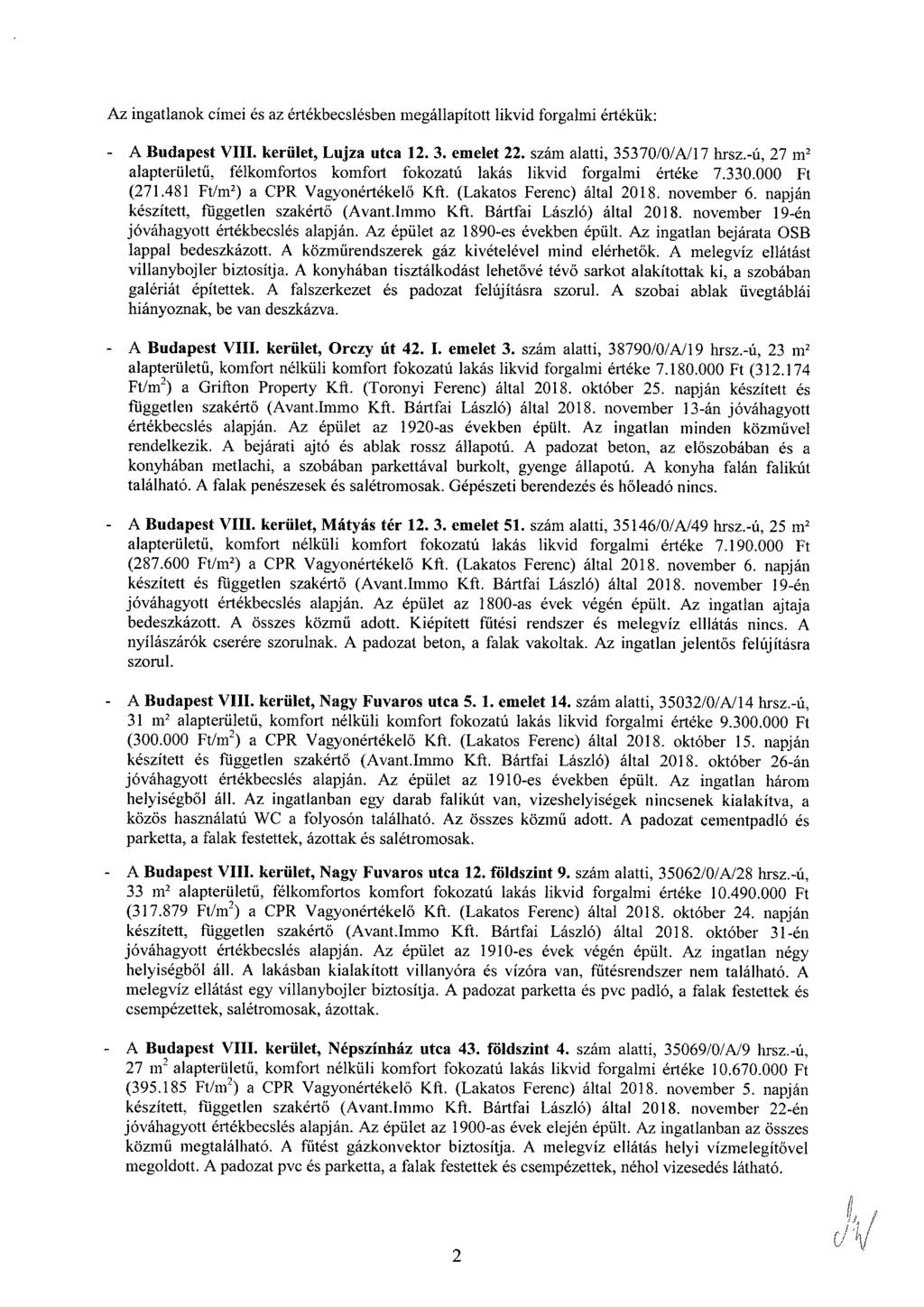Az ingatlanok címei és az értékbecslésben megállapított likvid forgalmi értékük: A Budapest VIII. kerület, Lujza utca 12. 3. emelet 22. szám alatti, 35370/0/A/17 hrsz.