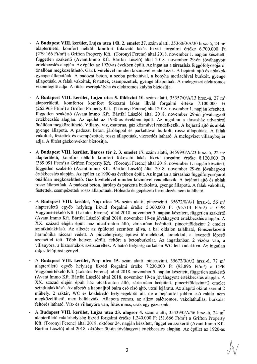 A Budapest VIII. kerület, Lujza utca 1/B. 2. emelet 27. szám alatti, 35360/0/A/30 hrsz.-ú, 24 m2 alapterületű, komfort nélküli komfort fokozatú lakás likvid forgalmi értéke 6.700.000 Ft (279.