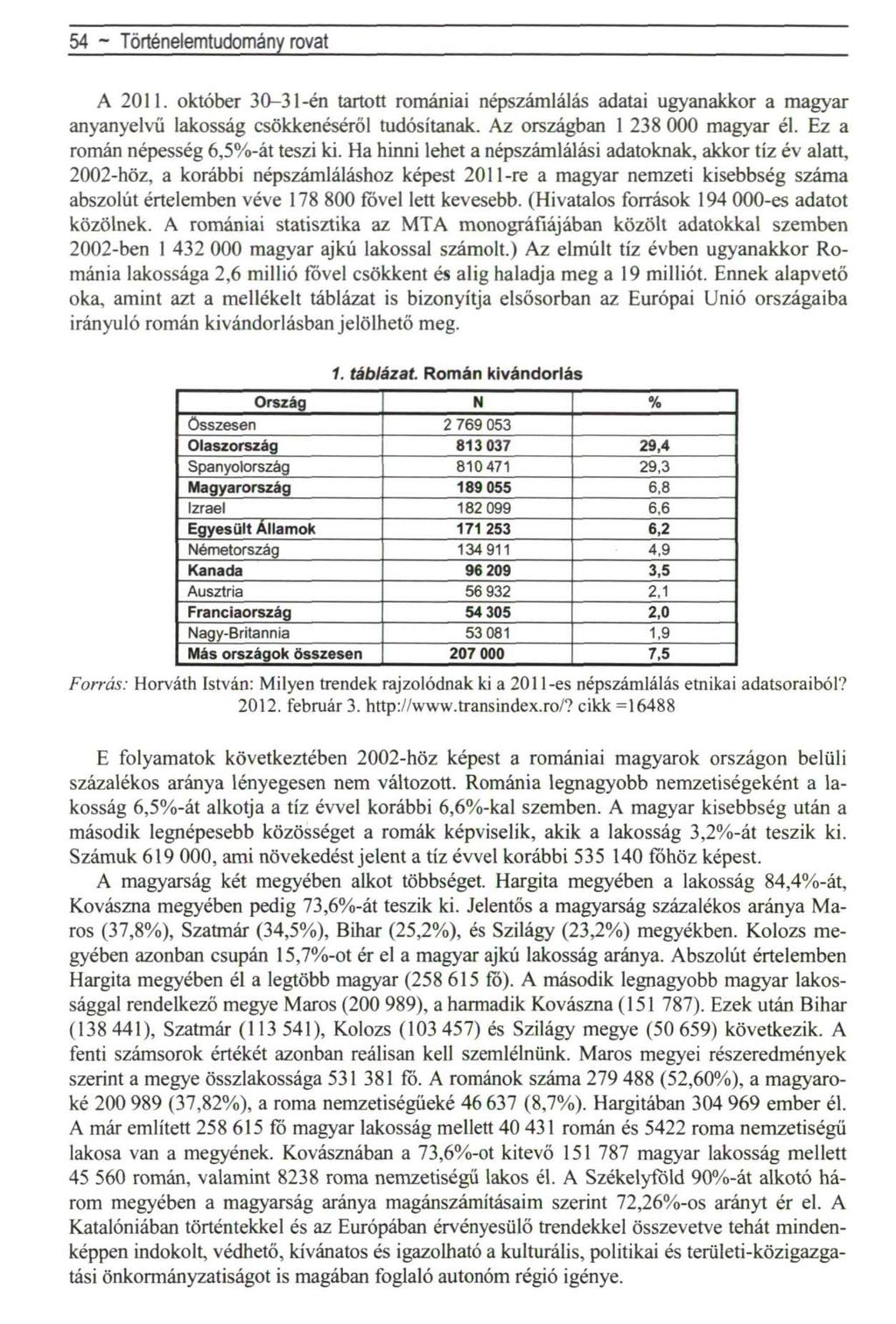 54 ~ Történelemtudomány rovat A 2011. október 30-31-én tartott romániai népszámlálás adatai ugyanakkor a magyar anyanyelvű lakosság csökkenéséről tudósítanak. Az országban 1 238 000 magyar él.