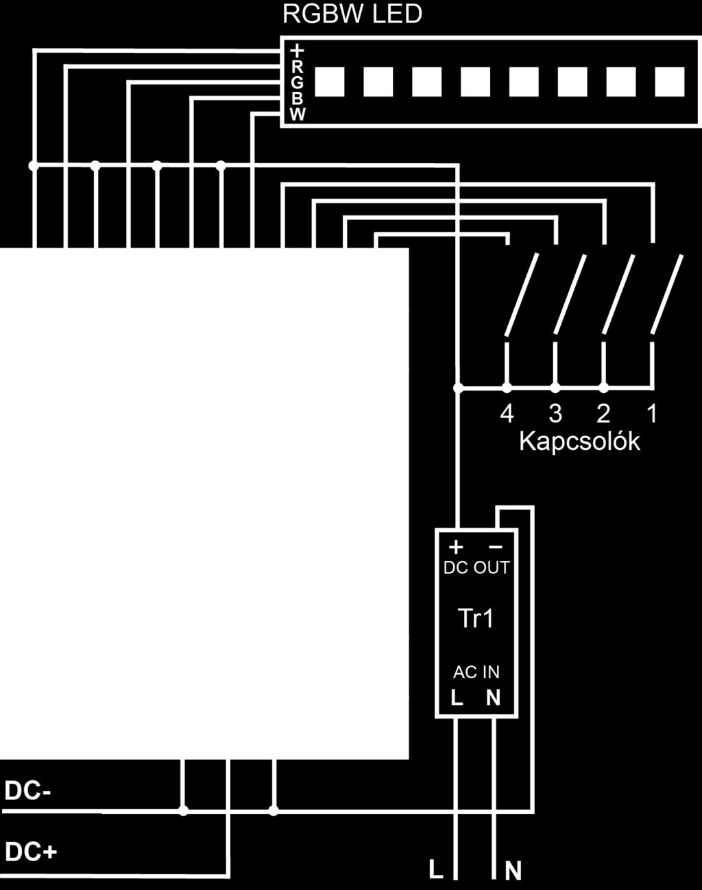 Minden csatorna (R,G,B,W) esetén a vezérlő V+ kimenetére az adott csatorna tápellátását biztosító egyenfeszültségű tápegység pozitív pólusát (V+) is rá kell kötni a LED V+ csatlakozója mellett.