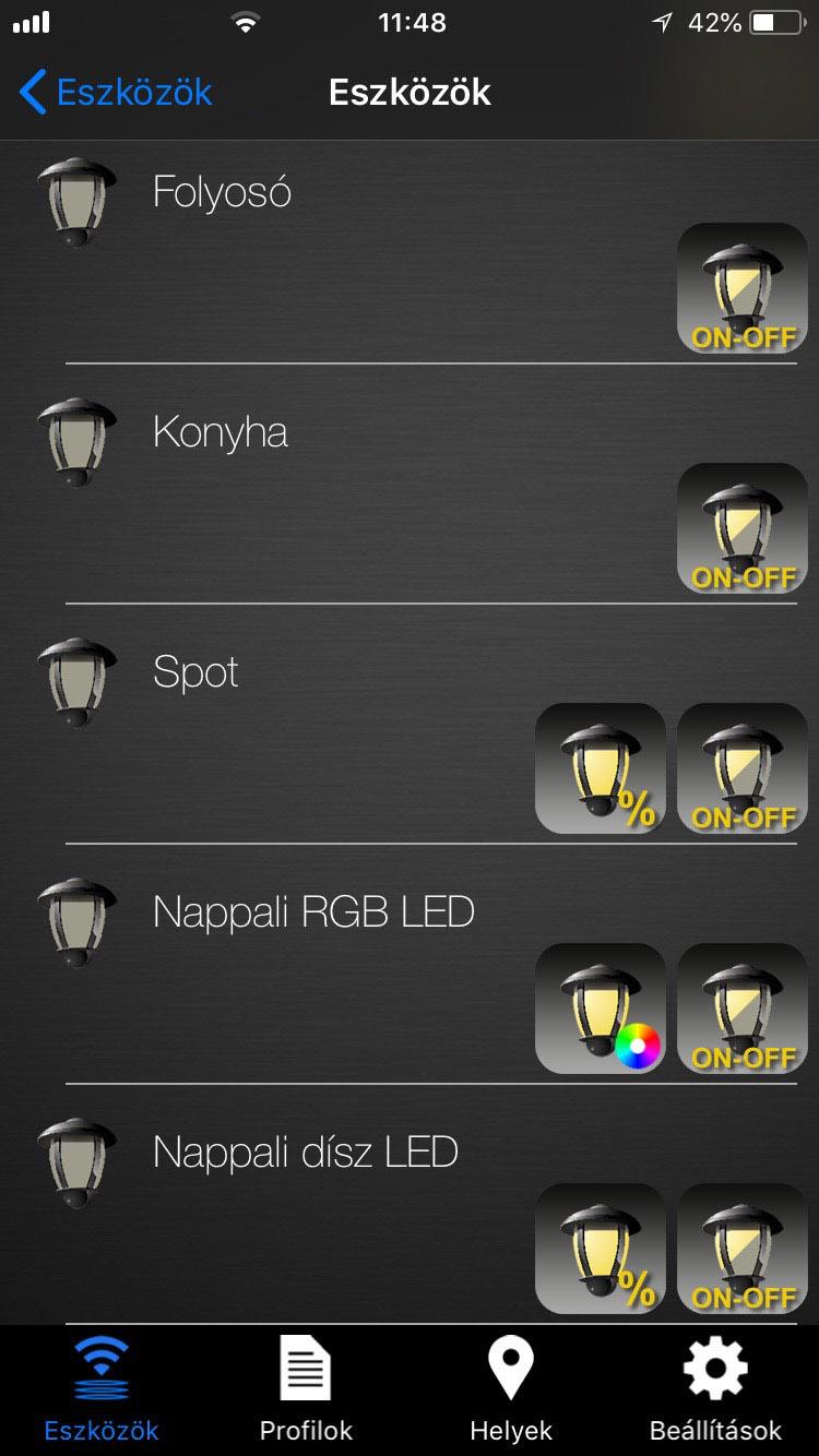 Hogyan működik? Indítsa el az icontrall alkalmazást! Válassza az Eszközök menüpontot! Válasszon egy tetszőleges, már telepített világítást (a példában az Nappali RGB LED világítást)!