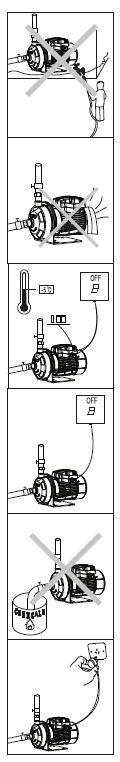 4.) Kerülje el, hogy a szivattyút fröccsenő víz érje, továbbá védje meg a készüléket, hogy ne merülhessen vízbe. 5.) Biztosítsa a szivattyú hűtését. 6.