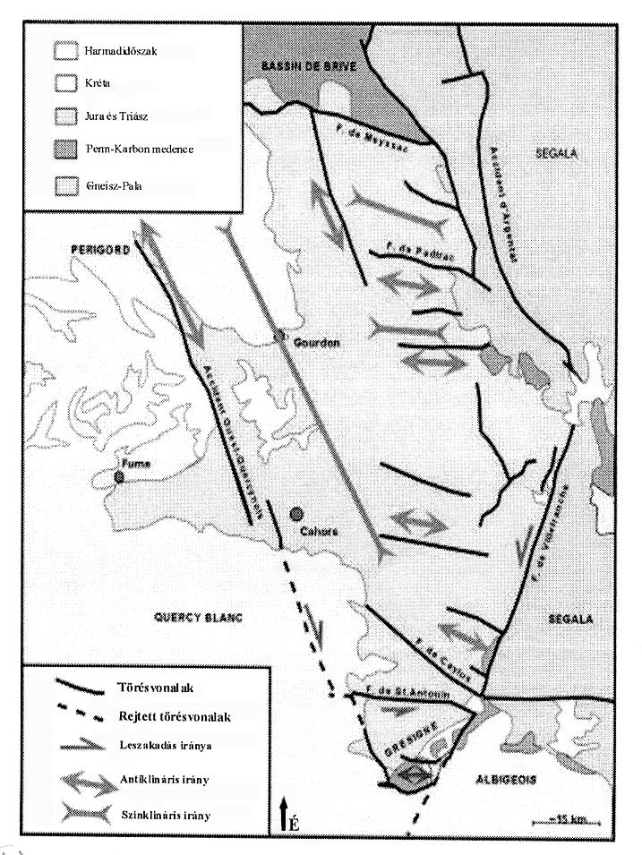endokarszt keletkezett, barlangokkal, nagy galériarendszerekkel, amelyek később a mállási törmelékek áthalmozódásával eltömődtek. 2. ábra: Périgord-Quercy geológiai térképe (ASTRUC 2003) Fig.