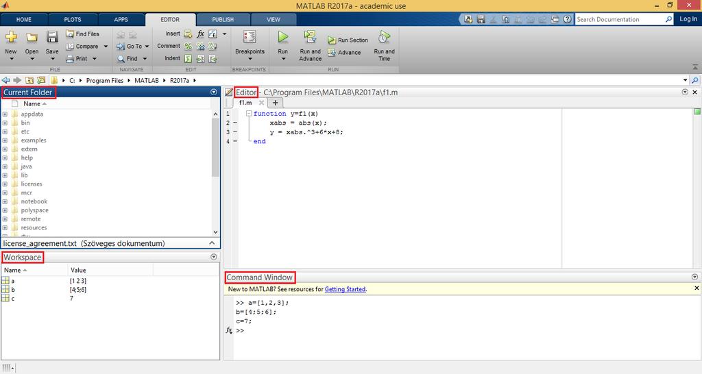 1.2. Matlab script futtatása 1. ábra. A Matlab kezelőfelülete. Az.