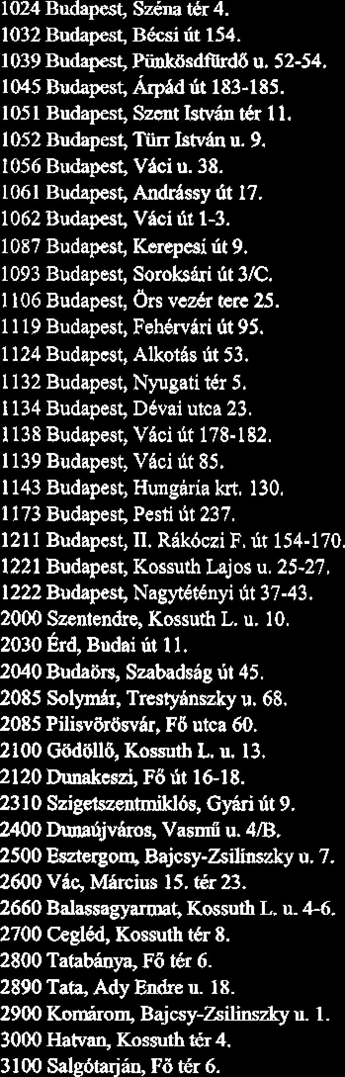 1024 Budapest, Szha tdr 4. 1032 Budapest, Bhi it 154. 1039 Budapesk Pk&sdfWdd u. 52-54. 1045 Budapest, hphd lit 183-185. 1051 Budapest, Smt Is* tdr 1 1. 1052 Budapest, Tiirr Istvan u. 9.