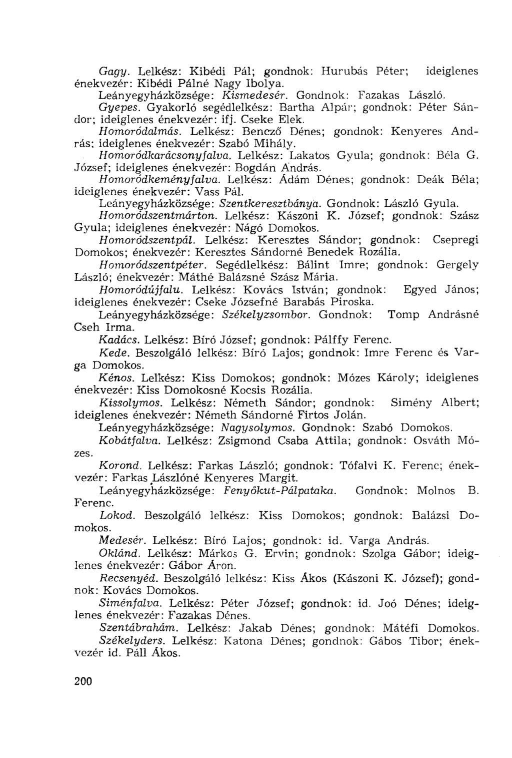 Gagy. Lelkész: Kibédi Pál; gondnok: Hurubás Péter; ideiglenes énekvezér: Kibédi Pálné Nagy Ibolya. Leányegyházközsége: Kismedesér. Gondnok: Fazakas László. Gyepes.