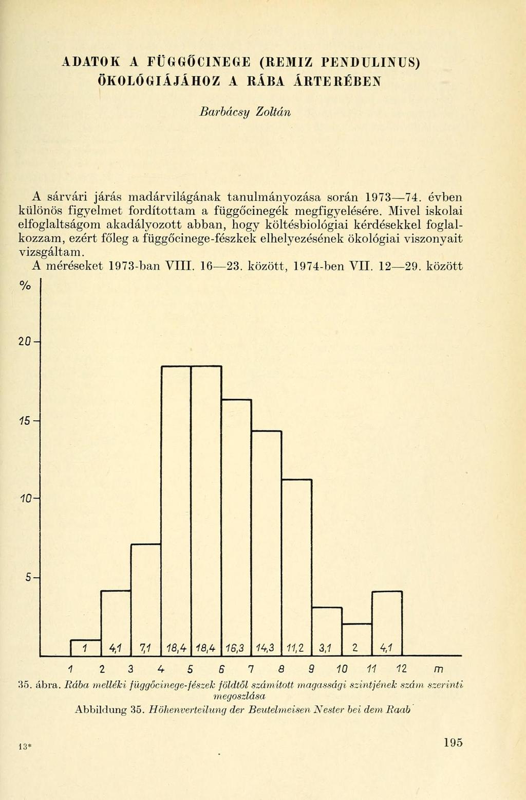 ADATOK A FÜGGŐCINEGE (REMIZ PENDULINUS) ÖKOLÓGIÁJÁHOZ A RÁBA ÁRTERÉBEN Barbácsy Zoltán A sárvári járás madárvilágának tanulmányozása során 1973 74.