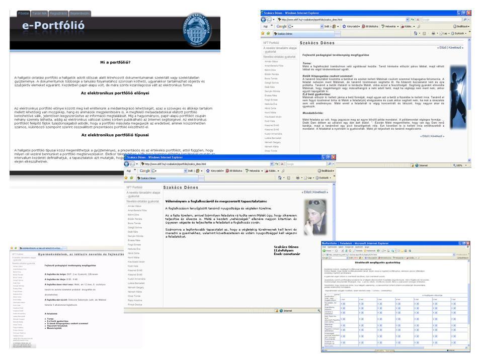 3. ábra: Az Eszterházy Károly Főiskola saját fejlesztésű pilot eportfóliójának néhány oldala Sajnos a pilot időszak végére nyilvánvalóvá vált, hogy saját rendszerünk ugyan alkalmas volt arra, hogy a