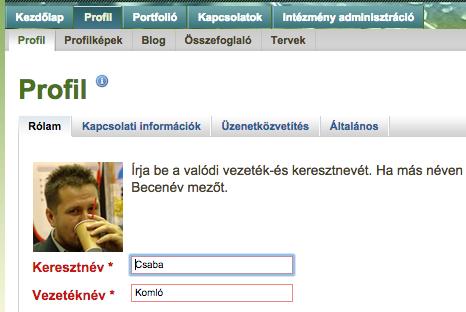 5. ábra: A profil modul profil eleme A profil modulon belüli profil elem további négy egységet tartalmaz, ezek: rólam (itt van lehetőség a név és a neptunkód, megadása mellet egy rövid bemutatkozó
