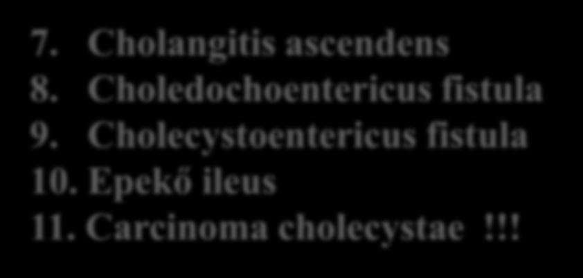 Empyema cholecystae 6. Choledocholithiasis 7.