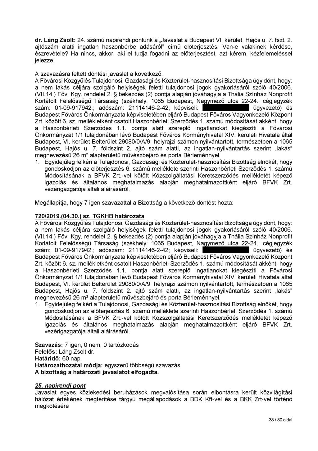 dr. Láng Zsolt: 24. számú napirendi pontunk a Javaslat a Budapest VI. kerület, Hajós u. 7. fszt. 2. ajtószám alatti ingatlan haszonbérbe adásáról című előterjesztés.