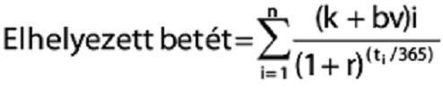 n = kamatfizetések száma r = az EBKM értéke ti = a betételhelyezés napjától a i-edik kifizetésig hátralévő napok száma (k+bv)i = az i-edik kifizetéskor kifizetett kamat és betétösszeg visszafizetés