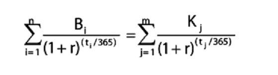 ahol n= kamatfizetések száma r= az EBKM értéke ti= a betét elhelyezés napjától az i-edik kifizetésig hátralévő napok száma (k+bv)i= az i-edik kifizetéskor kifizetett kamat és betétösszeg