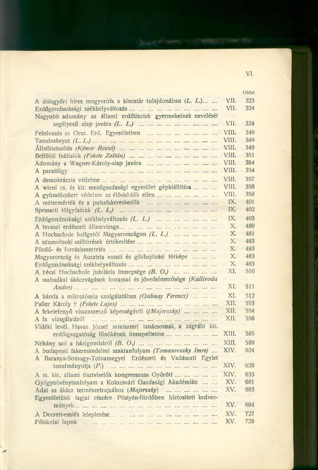 Oldal A diósgyőr i hire s mogyoróf a a kincstá r tulajdonába n (L. L.) VII. 32 3 Erdőgondnoksági székhelyváltozá s...._. VII. 32 4 Nagyobb adomán y a z állam i erdőtiszte k gyermekeine k nevelésé t segélyező ala p javár a (L.