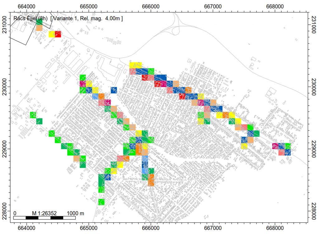 11. ábra Érintettségi mutató (ÉM) Vecsés területén belül (közúti közlekedés, Léjjel) Megjegyzés: A zajprobléma nagyságát a színskála figyelembevételével azonosíthatjuk (világos zöldtől sötétkékig