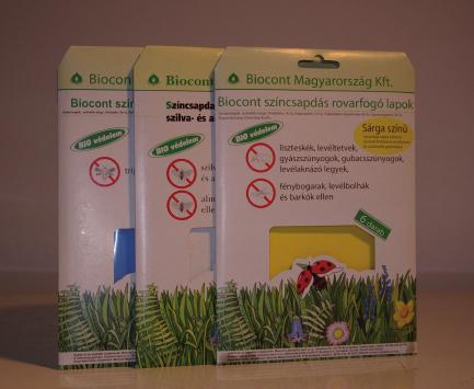 A Biocont sárga rovarfogó lapok: levéltetvek, üvegházi molytetvek, gyászszúnyogok (tőzeglegyek), levélaknázó legyek,