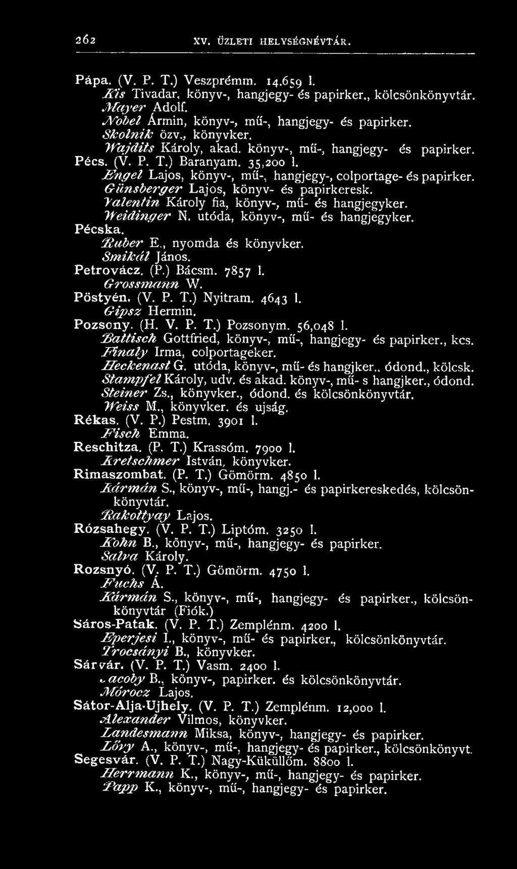 G ip s z H erm in. Pozsony. (H. V. P. T.) Pozsonym. 56,048 1. S a t t i s c h G ottfried, kön yv-, mű-, hangjegy- és papirker., kcs. F i n a l y Irma, colportageker. H e c k e n a s t G.