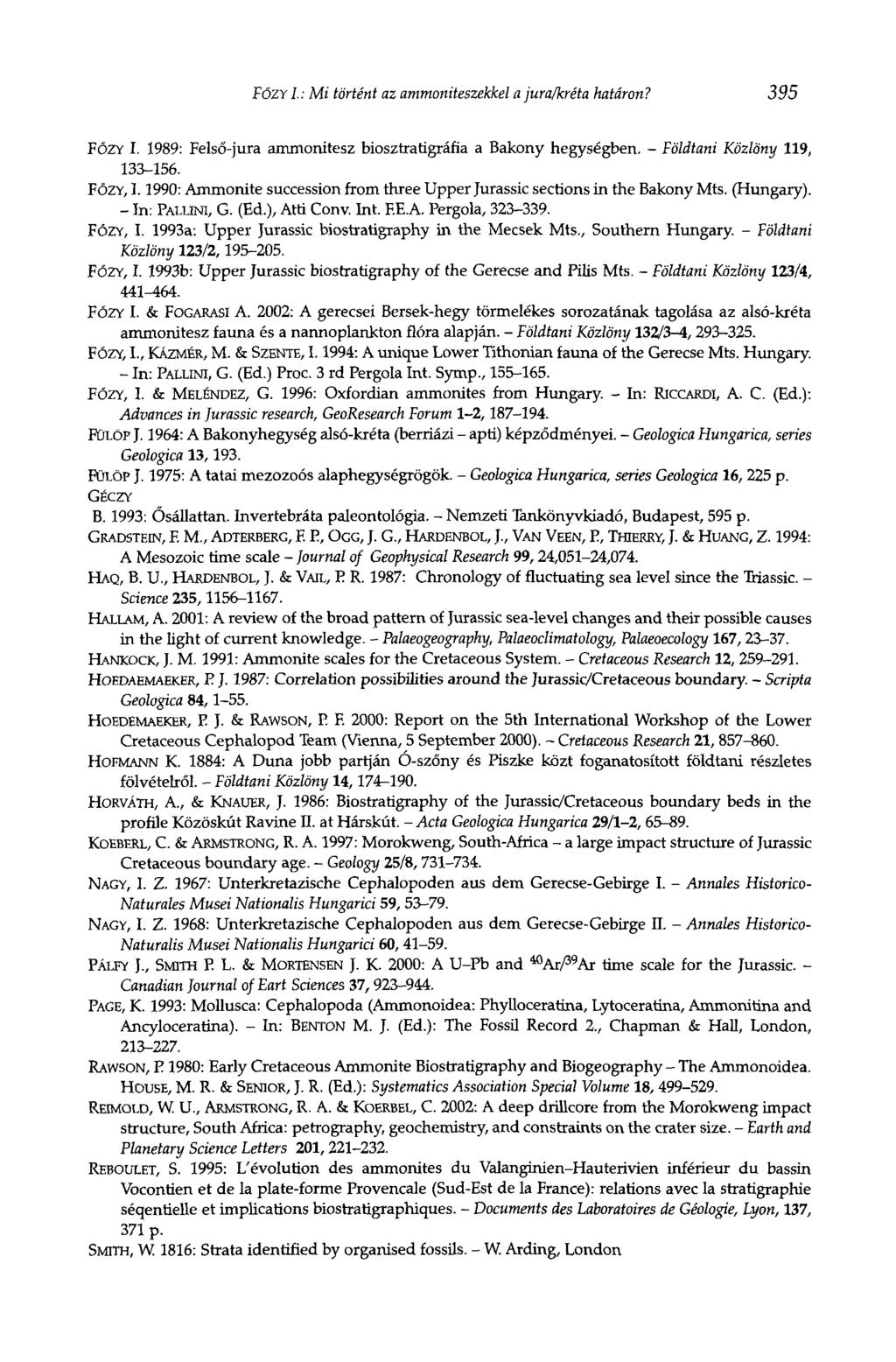 FŐZY I.: Mi történt az ammoniteszekkel a jura/kréta határon? 395 FŐZY I. 1989: Felső-jura ammonitesz biosztratigráfia a Bakony hegységben. - Földtani Közlöny 119, 133-156. FŐZY, 1.