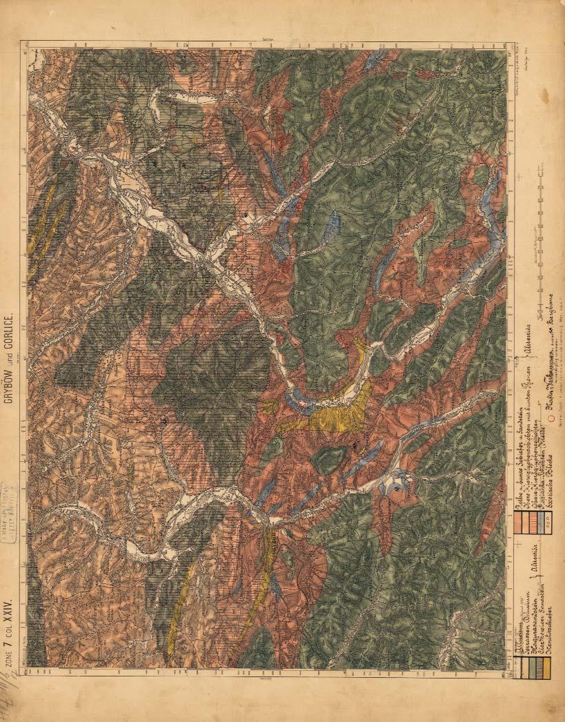 Hazai földtani térképeink topográfiai alapjai 87 3. ábra. Kéziratos földtani térkép Magyarország és Galícia határvidékéről. Zone 7, Col XXIV. Grybov és Gorlice.