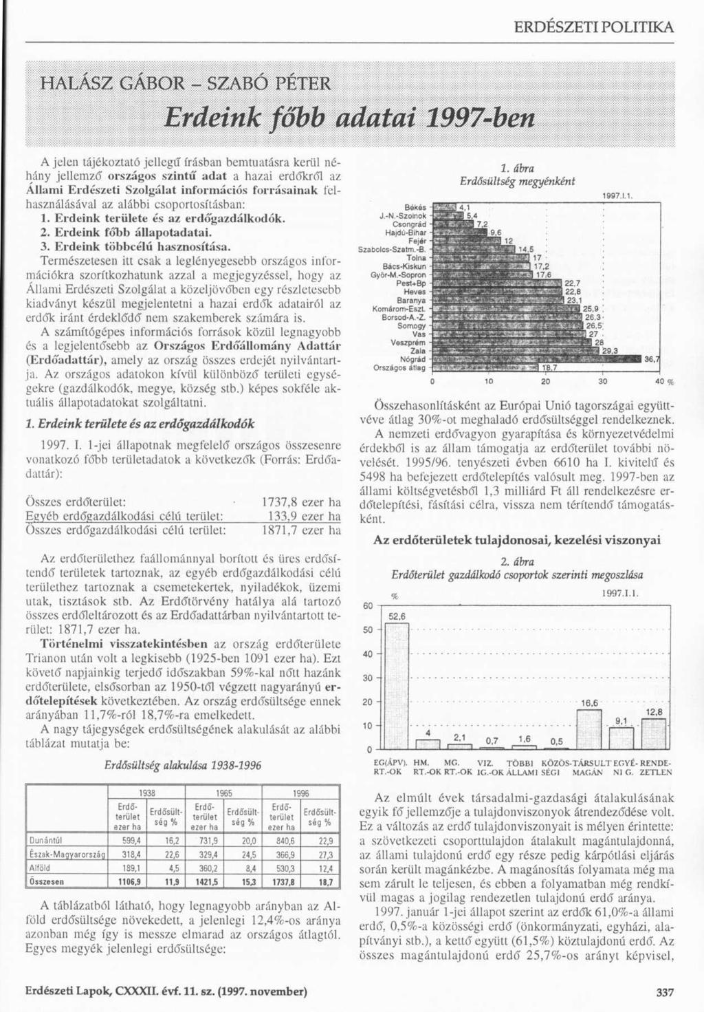 HALASZ GÁBOR - SZABÓ PÉTER Erdeink főbb adatai 1997-ben A jelen tájékoztató jellegű írásban bemutatásra kerül néhány jellemző országos szintű adat a hazai erdőkről az Állami Erdészeti Szolgálat