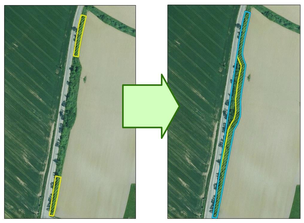 Fás sáv I. Magyarázat: A bal oldali ábrán a sárga sraffozott területtel van jelölve a korábbi szabály szerint (max. 10 méter szélességű) kérelmezhető és elszámolható fás sáv.