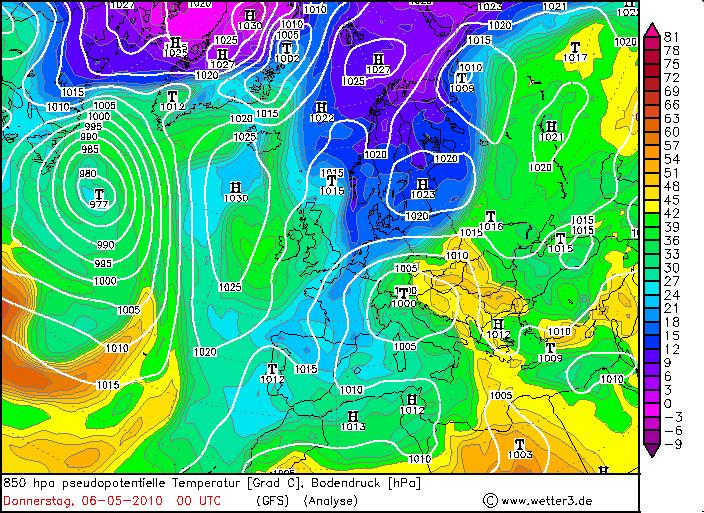 32. ábra: Makroszinoptikus időjárási helyzet Európában, 2010.05.06. 00 UTC-kor (tengerszinti légnyomáseloszlás és 850 hpa-os ekvipotenciális hőmérséklet) (Forrás: www.wetter3.
