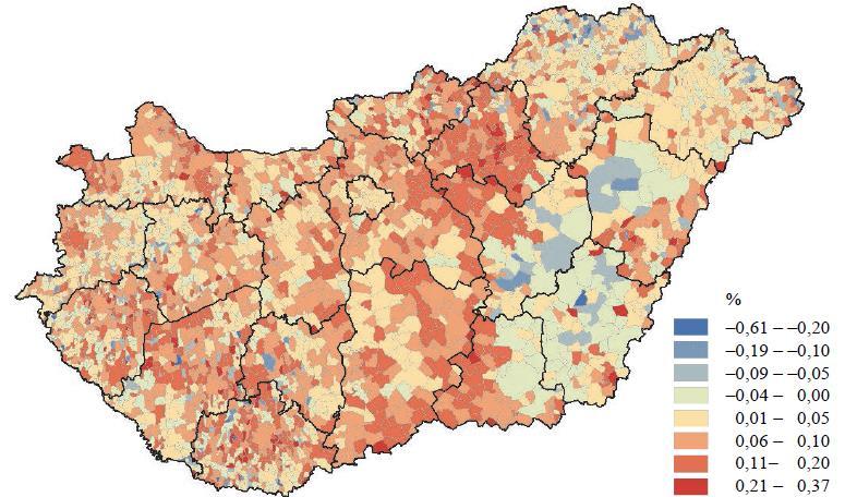 A vallási diverzitási index változása 2001 és 2011