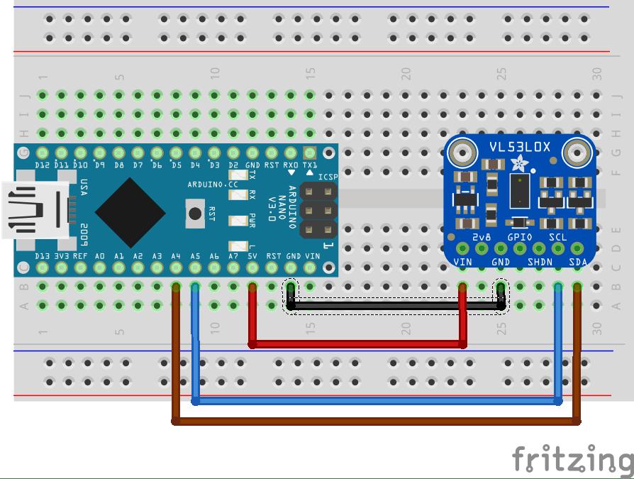 VL53L0X kapcsolás és példa // a szükséges függvénykönyvtár #include "Adafruit_VL53L0X.h" Adafruit_VL53L0X lox = Adafruit_VL53L0X(); GND VCC A4 SDA A5 SCL void setup() { Serial.