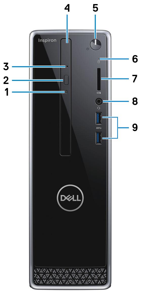 Az Inspiron 3470 különböző nézetei 3 Elöl 1 Optikai meghajtó aktivitását jelző fény Akkor világít, amikor a számítógép olvas vagy ír az optikai lemezen.