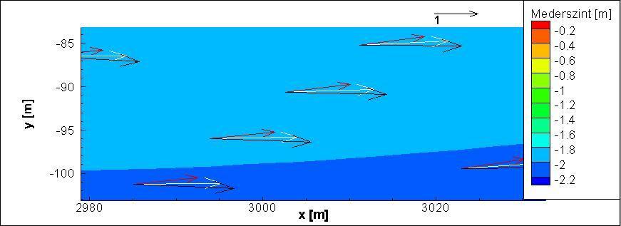 12. ábra: A mélységátlagolt sebességek 2D és 3D futtatásból eredő különbségmezői (meanderező csatorna) A csavaráramlás megléte másképpen is kimutatható, a 13.