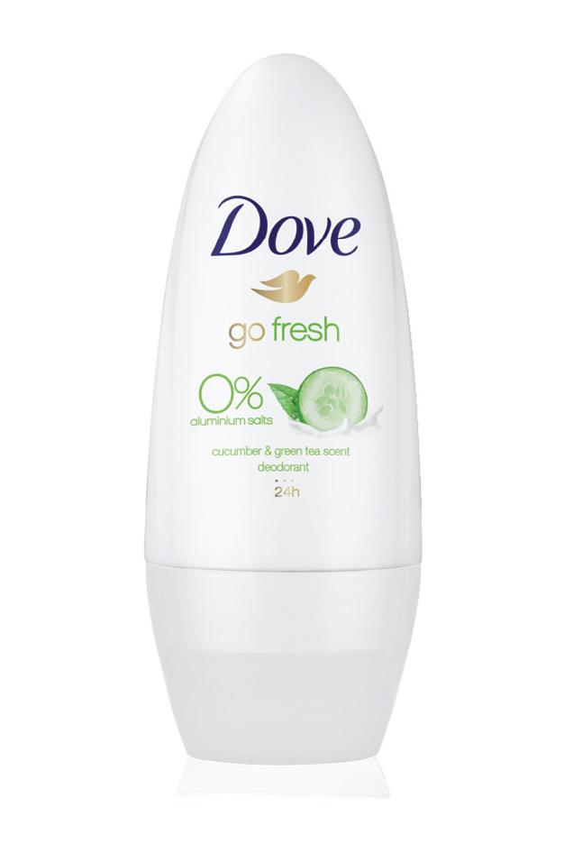 A Dove Go Fresh 0% spray dezodor uborka és zöld tea illatban, és a Dove Go Fresh 0% golyós dezodor uborka és zöld tea illatban 0% alumíniumsóval