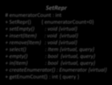 SetRepr osztály-sablonja jelöli a sablont, megadja a sablon paramétereit template <typename Item> class SetRepr { SetRepr() : _enumeratorcount(0) { virtual ~SetRepr(){; virtual void setempty() = 0;