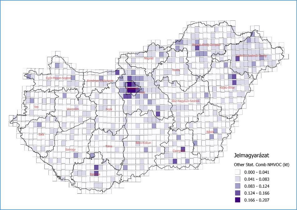 Lakosság NMVOC-kibocsátásának területi eloszlása Magyarországon mérési