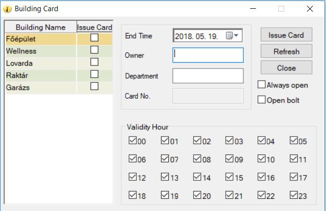 Opciók: Time Limit: a kártya csak a beállított ideig alkalmas a nyitásra Always Open: a kártya érintését követően az ajtózár folyamatos, nyitott állapotba kerül.