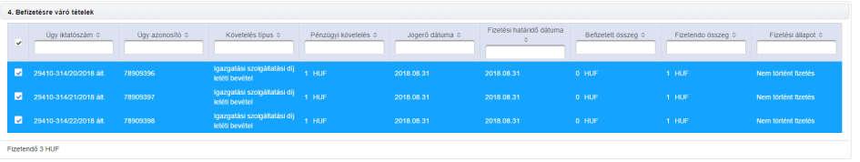 Több tétel kifizetéséhez a bal oldalon látható jelölőnégyzeteket ki kell pipálni.