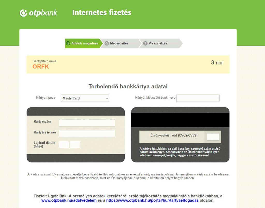 A bankkártyaadatok kitöltését követően