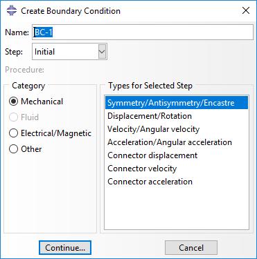 Katt a Create Boundary Condition ikonra:. Felugró ablak: A Step-nél az Initial legyen! Continue.