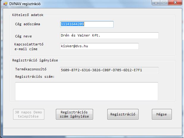 Regisztrációs szám igénylése gomb A 30 napos DEMO verzió telepítése után vagy akár azonnal a DVNAV telepítésekor a D&V Kft számára