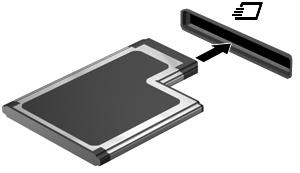 Az ExpressCard kártya behelyezése VIGYÁZAT! A számítógép és a külső kártyaeszközök sérülése elkerülésének érdekében ne helyezzen PC-kártyát az ExpressCard kártya bővítőhelyébe. VIGYÁZAT! A csatlakozók épségének megóvása érdekében ügyeljen az alábbiakra: Az ExpressCard kártyát a lehető legkisebb erőkifejtéssel helyezze be.