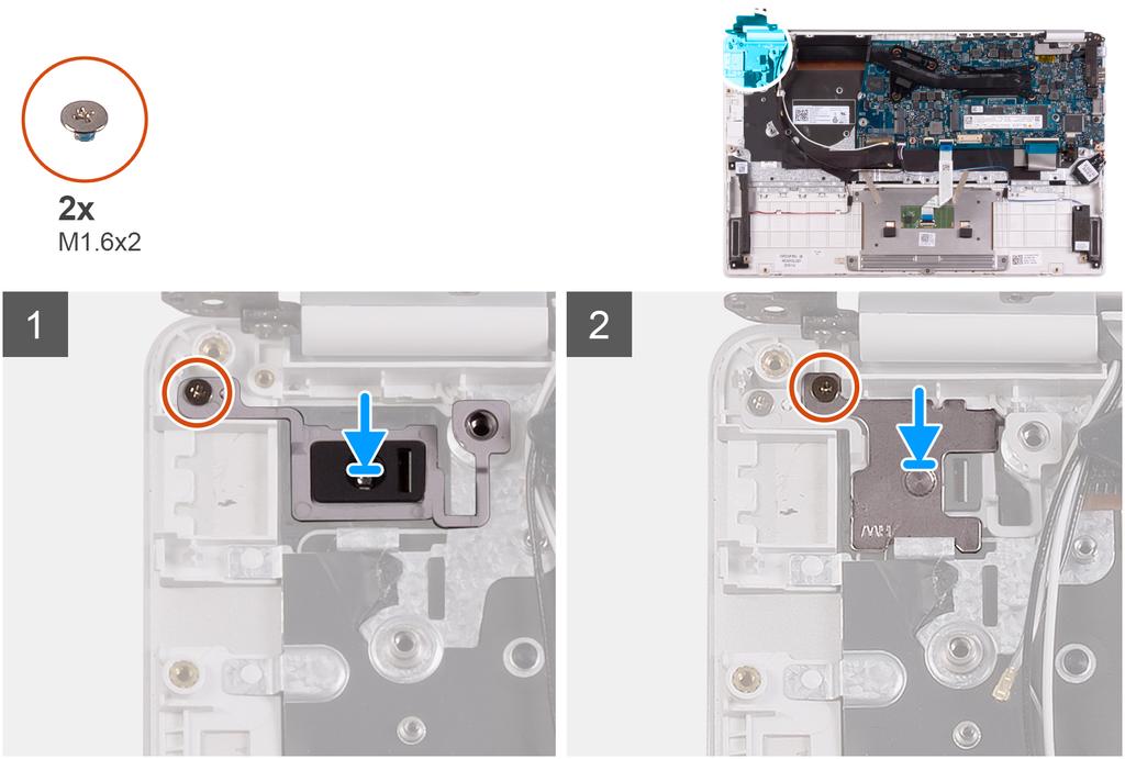 1 Távolítsa el a csavart (M1.6x2), amely a bekapcsológomb keretét a csuklótámasz- és billentyűzetszerkezethez rögzíti.