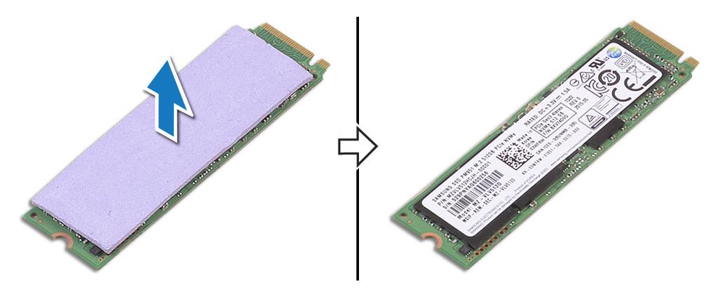 Az M.2 SSD beszerelése 1 A hővezető lapot ragassza fel az M.2 SSD-re. MEGJEGYZÉS: A hővezető lap csak a PCIe SSD-kártyánál van meg. 2 Megdöntve csúsztassa be az M.2 SSD-t az SSD-foglalatba.