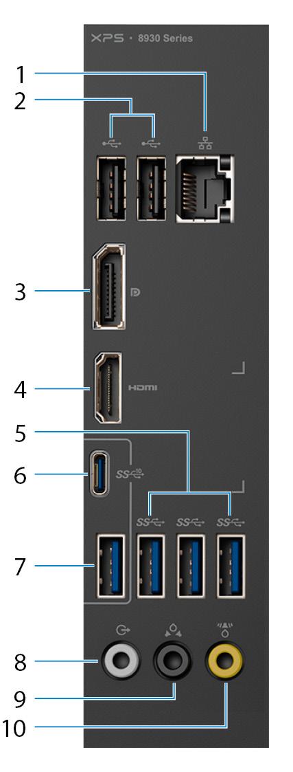 Hátsó panel 1 Hálózati port 10/100/1000 Mb/s (fényjelzőkkel) Routerről vagy széles sávú modemről érkező Ethernet (RJ45) kábel csatlakoztatására szolgál a hálózati vagy az internetes hozzáférés