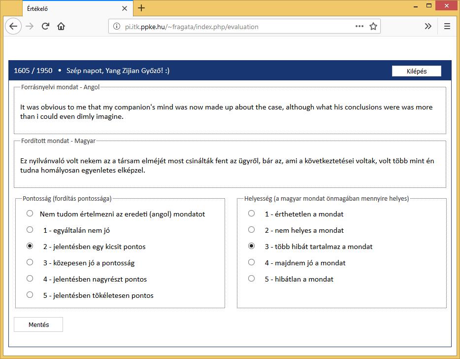 4.4 Mérések és eredmények 4.1. ábra A kiértékelő weboldal Először a HuQ korpusz tulajdonságait vizsgáltam meg. Megmértem az annotátorok közötti egyetértést (lásd 4.3. táblázat).