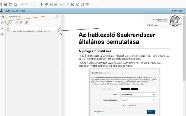 A fenti képernyőképen a kék nyíl mutatja, hogy a PDF formátumú iratban egy beágyazott másik PDF található, mely maga az igazolás, melyet az AVDH