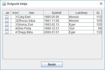 A Listázás gomb kódjának módosítása btnlista.addactionlistener(new ActionListener() { public void actionperformed(actionevent e) { for (int i = etm.